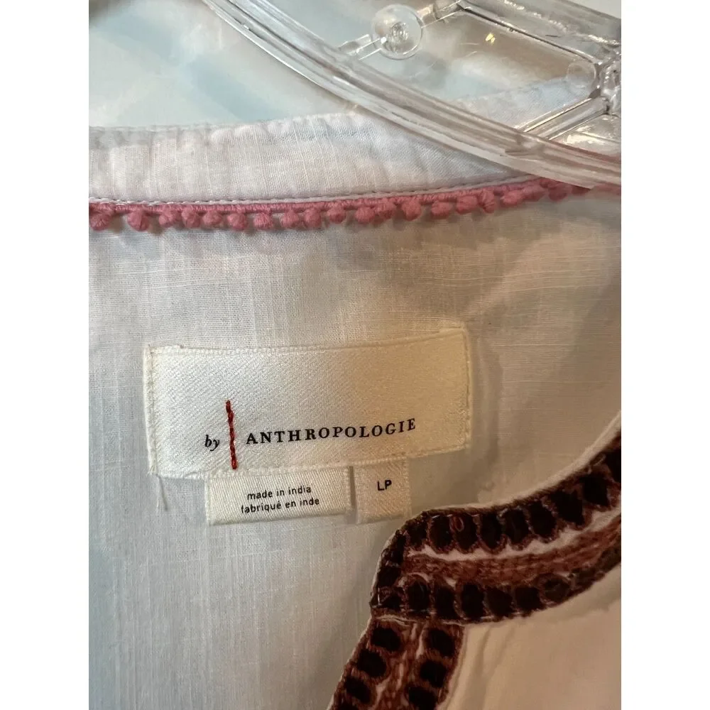 Anthropologie LP Embroidered Floral Balloon Sleeve Boho Blouse White Pink